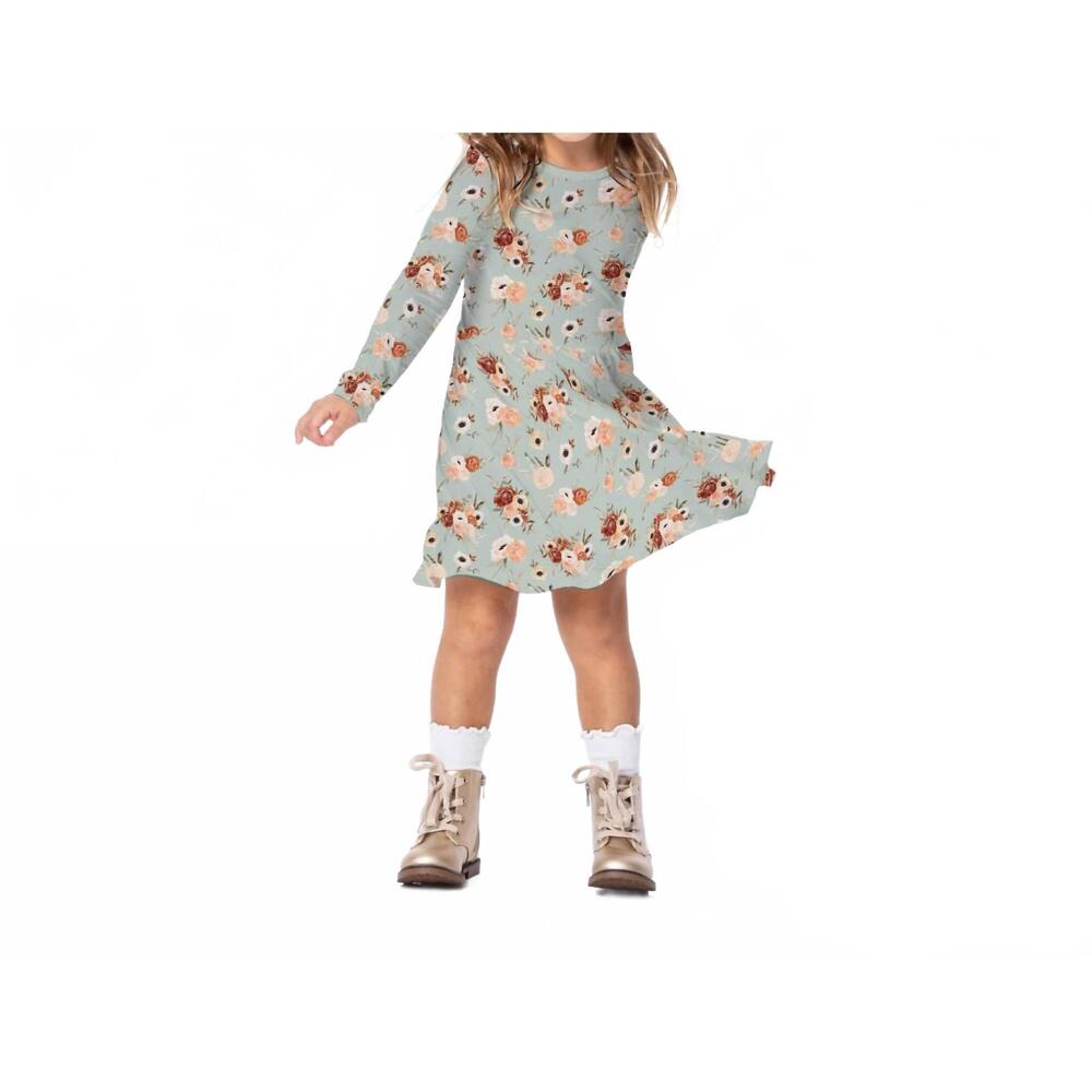 NEW KICKEE long sleeve twirl dress with pockets in aloe fall floral